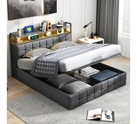 Cama acolchada de 140 x 190 cm, camas dobles con espacio de almacenamiento y somier de láminas, cama con LED, cabecero de cama para 2 personas con compartimento de almacenamiento y USB (gris lino, 140