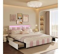 Cama acolchada de 140 x 1900 cm, cama de 140 x 190 con somier de iluminación LED y puerto USB Cama para adultos con 4 cajones de almacenamiento, camas dobles con somier de madera de terciopelo sin