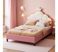Cama acolchada de 140 x 200 cm, cama de matrimonio para niña, cama de princesa con LED ajustable, camas de niña con somier de láminas y cabecero ajustable, decoración de la corona, terciopelo (rosa