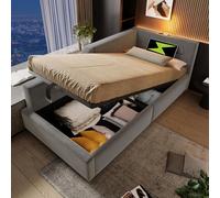 Cama acolchada de día 90 x 190 cm, sofá cama con espacio de almacenamiento hidráulico, función de luz de lectura y función de carga USB-C, cama infantil con somier de láminas de madera (gris, 213 x