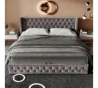 Cama acolchada en forma de almohada, doble fila Rivets de franela, ojales cosidos, cama doble 140 x 190 con función hidráulica, parte inferior de la cama de tela no tejida negra repelente al agua