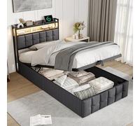 Cama acolchada individual de 90 x 200 cm, hidráulica, con LED y USB, cama individual con canapé 90 x 200, cama baúl individual con somier de láminas, cabecero con función contenedor, lino (gris/2, 90