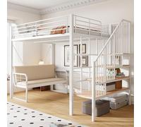Cama alta 140 x 200 cm con sofá acolchado, escalera de seguridad, espacio | Cama juvenil multifuncional con marco de metal estable, escalera de seguridad con espacio de almacenamiento, sin colchón