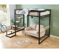 Cama alta 140 x 200 cm - metal y MDF - Negro y natural - JOGUI