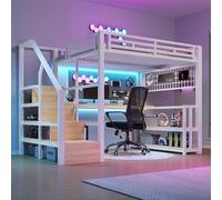 Cama alta 140 x 200, marco de hierro con estante de almacenamiento | Litera con escritorio, escalera de almacenamiento y conexiones USB/tipo C, cama doble para niños y adolescentes, sin colchón