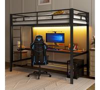 Cama alta 90×200 cm con barandilla y escalera, marco de cama de metal con mesa con USB y enchufes, iluminación LED con control por aplicación, cama de metal 90×200, negro (colchón no incluido)