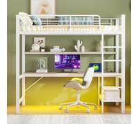 Cama Alta, 90 x 200 cm, barandilla, Escalera, con USB y Toma de Corriente, con Luces LED, Escritorio, estantería de Varios Niveles, sin colchón, Metal, Blanco