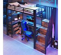 Cama alta 90 x 200 cm, cama de metal, cama juvenil con escaleras y anticaídas, estante de almacenamiento, cajón, pared perforada, mesa, enchufe, sin colchón, para adolescentes, adultos, niños (negro
