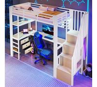 Cama alta 90 x 200 cm, cama de metal, cama juvenil con escaleras y anticaídas, estante de almacenamiento, cajón, pared perforada, mesa, enchufe, sin colchón, para adolescentes, adultos, niños (blanco