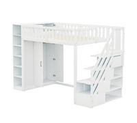 Cama alta 90 x 200 cm, con estantes, armario de almacenamiento y armario, litera multifuncional con escaleras y espacio de almacenamiento, madera maciza con protección anticaídas, para niños