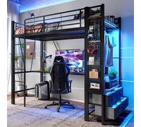 Cama alta, 90 x 200 cm, marco de hierro con escritorio, con barra de secado, con estantes, 4 cajones, con enchufe USB+tipo C, barra LED, barandilla, escalera de tijera, con tabla perforada, sin