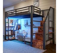 Cama alta 90 x 200 cm, marco de hierro, estante de almacenamiento, escalones integrados, barandilla de protección, escalera con barra de luz LED, espacio abierto debajo de la cama, colchón no incluido