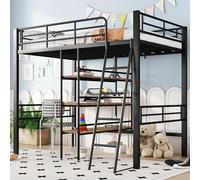 Cama alta, 90 x 200 cm, sin colchón, cama con escritorio, varios estantes, barandilla, escalera, marco de hierro, negro