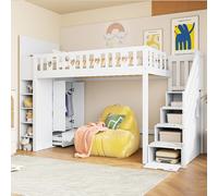 Cama alta 90x200, Cama infantil escalera de estantería, Barandilla de corazón, Espacio de almacenamiento, Armario/estanterías plegables, Blanco (sin colchón) 90x200 cm blanco