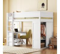 Cama alta 90x200 cm, cama infantil de madera con barandilla y escalera, versátil litera con armario, escritorio y cajón 205x95x165 cm blanco