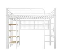 Cama alta 90x200 cm - estructura metálica, estante, red para colgar, barra de ropa, espacio libre, led - blanco