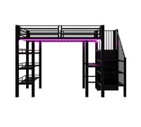 Cama alta 90x200 - con luz led, enchufe, estante y librería, multifuncional - negro