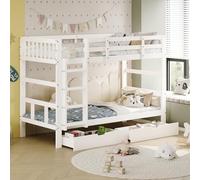 Cama alta 90x200 litera cama infantil litera literas 2 niños,dos cajones, somier listones, protección contra caídas Convertible en 2 camas individuales Madera maciza en blanco (Blanco, 90x200 cm)