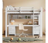 Cama alta 90x200cm Cama infantil Escritorio Cajones Estantería Almacenaje Estructura de cama individual Somier Barandilla Escalera Juventud Adulto Dormitorio Blanco 204x97x167 cm blanco