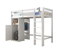 Cama alta con armario integrado y estanterías. Cama individual con escalera de madera estable, protección contra caídas y somier, solución para dormir de madera maciza, multifuncional, con espacio de