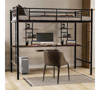 Cama alta con dos estantes y escritorio de 90 x 200 cm, color negro. Estructura de la cama de láminas de metal y estante para el teclado. Protección contra caídas y doble escalera lateral. Adultos