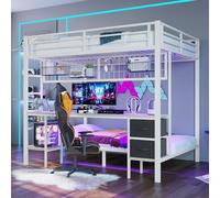 Cama alta con escritorio, cajones e iluminación LED, 140 x 200/90 x 200 cm, marco de metal fuerte, rejilla colgante, puerto USB, práctico espacio de almacenamiento, blanco (sin colchón)