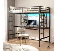 Cama alta con escritorio de 90 x 200 cm - Cama alta de metal para adultos con 4 estantes, bandeja para teclado y plataforma de trabajo - Ideal para residencias de estudiantes, apartamentos pequeños y
