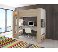 Cama alta con escritorio y almacenamiento integrado - 90 x 200 cm - Roble y blanco - NOAH II