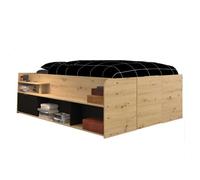 Cama alta con somier incluido y espacio de almacenamiento en color roble y negro 135/140x193/200 cm 166 cm
