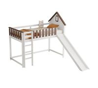 Cama alta, con techo y ventana, con escalera recta de tres peldaños, cama juvenil, cama infantil con tobogán, pino+mdf, blanco+nogal, 90x200cm