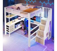 Cama alta de 140 x 200 cm, cama de metal, cama juvenil con escalera y protección anticaídas, estante de almacenamiento, cajón, pared perforada, mesa, enchufe, sin colchón, para adolescentes, adultos