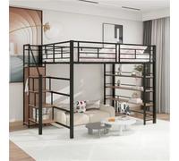 Cama Alta De 140 X 200 Cm, con Escalera De Seguridad con Almacenamiento Incorporado, Barandillas Altas Y Un Elegante Acabado En Negro, Crear Un Dormitorio con(Size:Shaped 2,Color:Black)