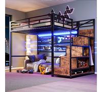 Cama alta de 2 plazas de 140 x 200 con LED, cama infantil de metal con espacio abierto bajo, cama entrepiso infantil con escalera de almacenamiento, cama en altura con rejilla para colgar objetos