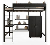 Cama Alta de Hierro 90x200 cm con Mesa y Armario - Estructura Multifuncional para Niños/Adolescentes, Escalera de 5 Peldaños, Almacenamiento Amplio, Diseño Negro + Aglomerado