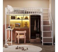 Cama alta de metal de 140 x 200 cm con luces LED, escritorio, toma de carga, estante, armario, cajón, litera para niños con escalera de almacenamiento, estructura de cama individual, color blanco