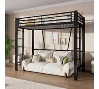 Cama alta de metal de 90 x 200 cm con escalera doble y barandilla de seguridad
