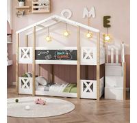 Cama alta de seguridad con protección anticaída y 2 somieres, 90 x 200 cm, litera en color natural/blanco, con escalera y espacio de almacenamiento