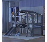 Cama alta de tamaño individual con escalera y tobogán, marco de cama de madera maciza con pizarra y tira de luz en el techo, compatible con niños, niñas, niños, fácil montaje (gris), cama Queen (gris