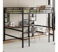 Cama alta, estructura de cama de metal de 140x200cm, cama de hierro con escritorio, sin colchón, cama alta con cuatro estantes pequeños y una gran librería para jóvenes, adolescentes y adultos, color