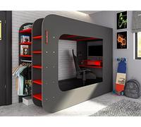 Cama Alta Gamer 90 x 200 cm - con Escritorio y Compartimentos - con Leds - Antracita y Rojo - Warrior