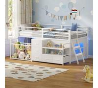 Cama Alta Infantil con Estantería Abierta & Baúl para Juguetes,Cama para Niños con 5 Cajones,Iluminación LED RGB Integrada, Barrera de Seguridad de 13" de Alto,Zona de Juegos debajo de la Cama,Blanco