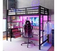 Cama alta infantil de hierro 90 x 200 con iluminación LED, oficina, toma + USB, 3 cajones, estanterías, barra de ropa, litera con barandilla, marco de cama entrepiso de 1 plaza (A-Negro, 90 x 200)