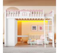 Cama Alta Infantil Individual con Luces LED, Armario y Cajón - Certificado EN747, Madera de Pino - 90x200 cm - Segura y Estable en Blanco