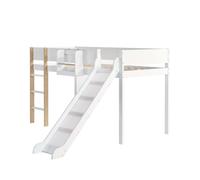 Cama alta, litera con escalera recta de tres peldaños, cama infantil, cama juvenil con tobogán, con estante extraíble, pino+mdf, blanco+natural, 90x200cm