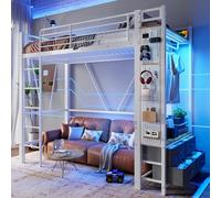 Cama Alta Metálica con Estantes y 4 Cajones, con Barra de Colgar y Panel Perforado, Cama Loft con USB Type C y Toma de Corriente, Iluminación LED, para Dormitorio y Estudio, Blanco, 90 x 200 cm