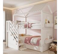 Cama alta multifuncional, litera infantil para niñas y niños, cama tipo casita con escalera, cajones y estantes, gran espacio de almacenamiento, sin colchón.