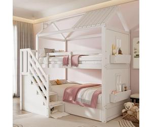 Cama alta multifuncional, litera infantil para niñas y niños, cama tipo casita con escalera, cajones y estantes, gran espacio de almacenamiento, sin colchón.