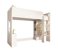 Cama alta para ahorrar espacio con sistema de almacenamiento, compartimentos abiertos, placa de inserción robusta, transpirabilidad, diseño lleno de luz, zona de armario, barra colgante, paneles