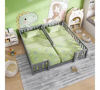 Cama baja de 180x200 cm para 2 niños, cama doble Montessori con barandilla de seguridad, cama baja de 90x200 cm, cama infantil para hermanos, madera maciza (Gris-B02,sin somier de láminas, 180x200)