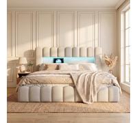 Cama Baúl 140X200, Burbuja cama doble acolchada con iluminación LED y USB